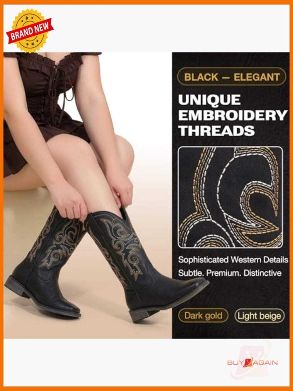 Wide Calf Cowboy Boots - Square Toe Embroidery, Pull On, Padded Insole, Low Heel - Picture 4 of 7